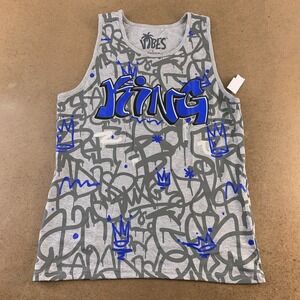VIBES Men's Size Large Heather Gray Blue King Graffiti Print Tank Top NWT